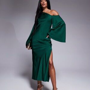 ASOS design satin flared sleeve off shoulder midi dress in dark green